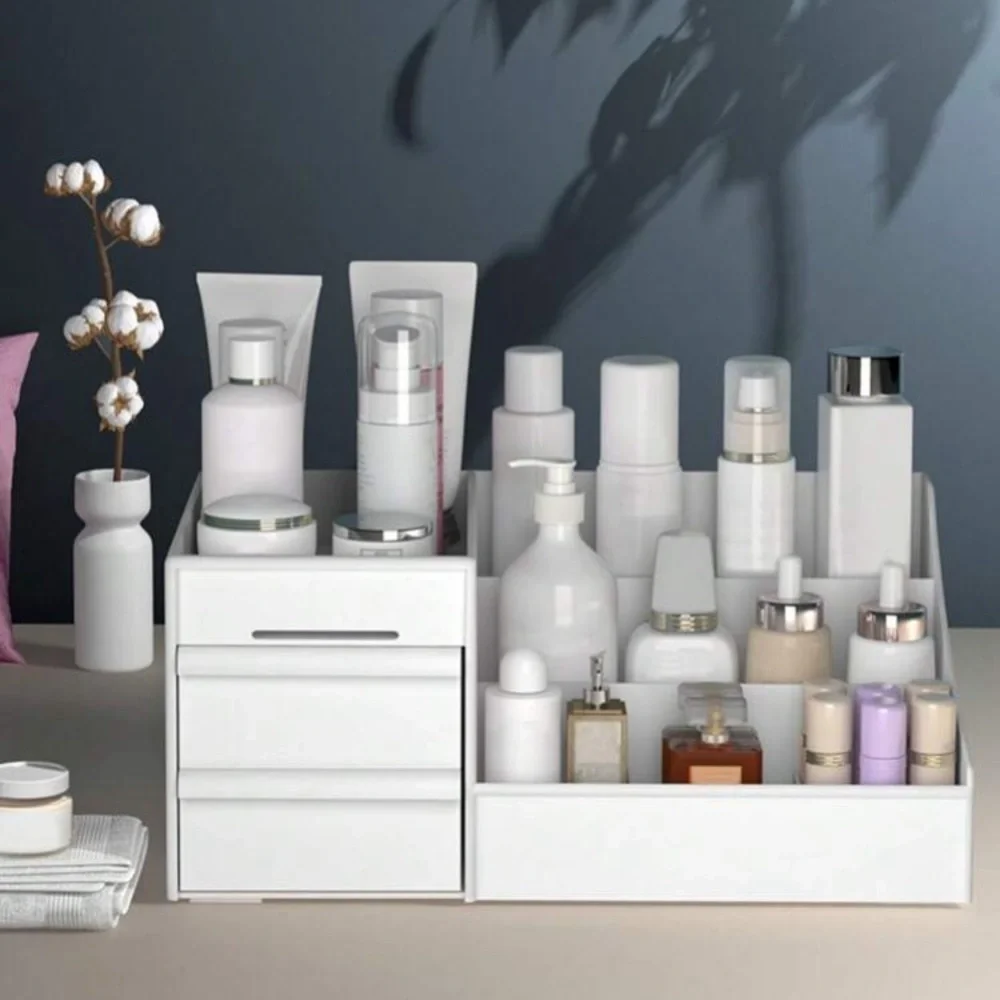 1pc White Drawer Cosmetic Storage Box, Makeup Organizer With Dividers